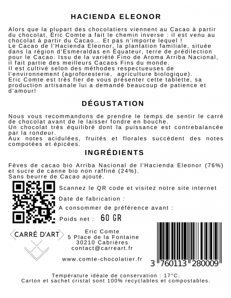 Dark chocolate 76% Cocoa - Hacienda Eleonor - Ecuador