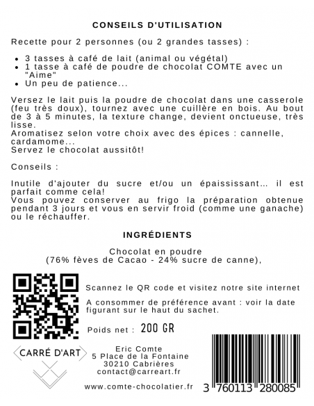 Chocolat COMTE Preparation for hot chocolate