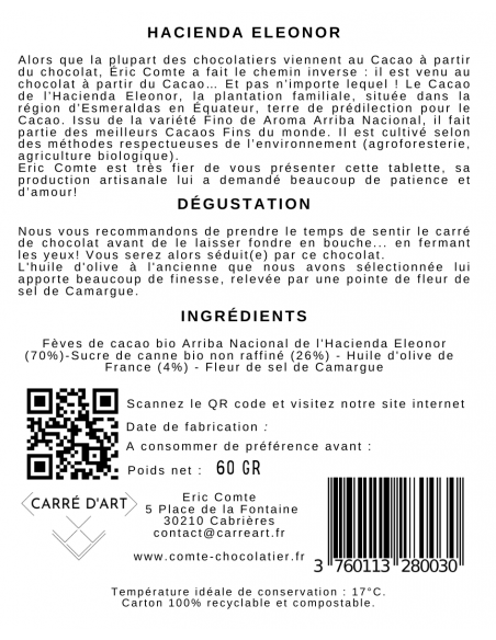 Chocolat noir à la Fleur de sel de camargue & huile d'olive - 70% Cacao - Equateur